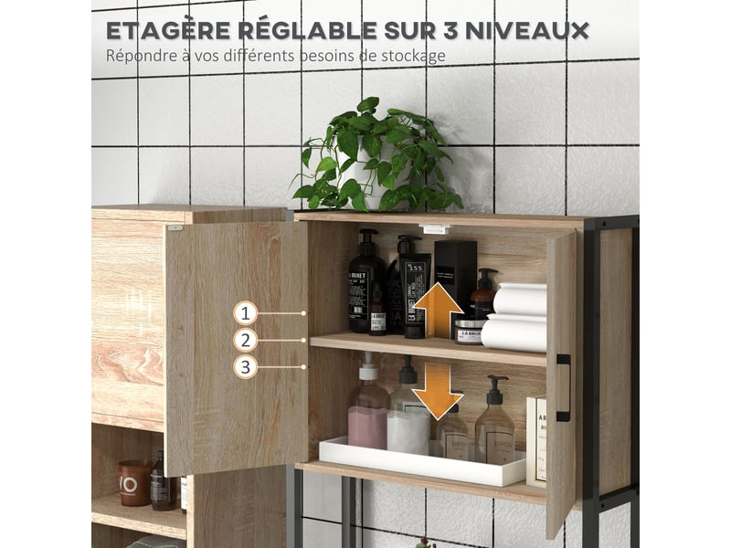  Étagère de toilettes meuble de salle de bain dessus toilette wc avec étagère ouverte et placard 2 portes  - Conforama R