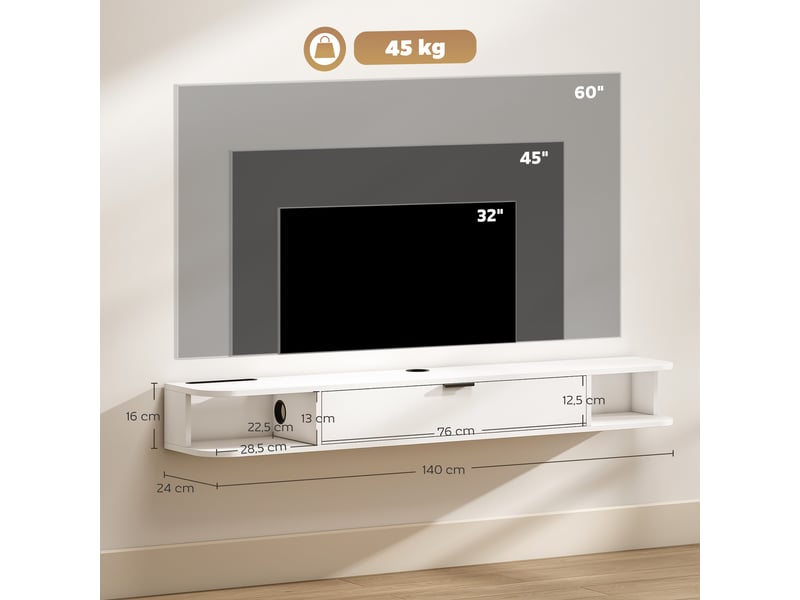  Meuble tv suspendu, meuble télé pour téléviseur jusqu'à 60 pouces, tiroir rabattable, 2 étagères, 140x24x16cm, blanc  - Conforama C