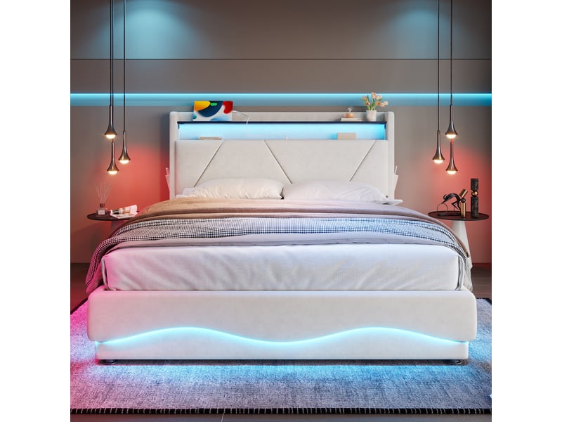 Lit coffre 140x200 cm rembourré avec rangement hydraulique, tête de lit avec étagères, LED, USB et Type-C Fay Lum - Conforama D