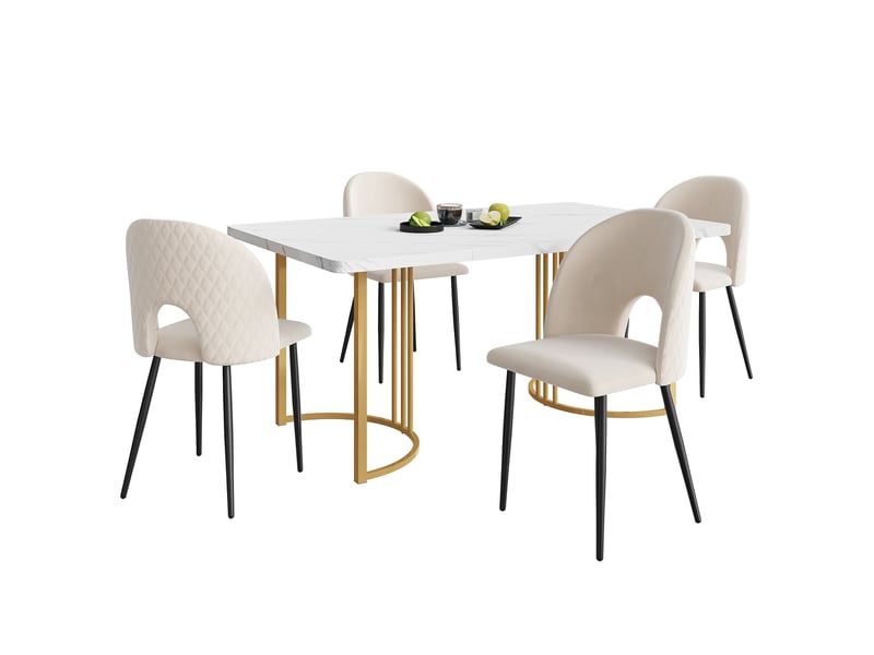  Ensemble 5 pièces table, plateau mdf effet marbre, pieds métal réglables dorés, 4 chaises velours beige  - Conforama A