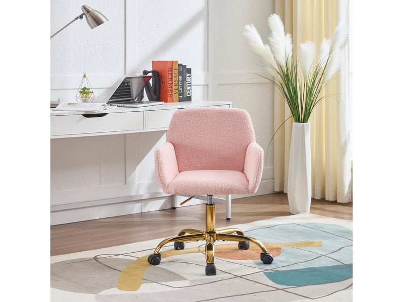  Chaise de bureau - 54.9x39.8x84.3cm - pivotante en tissu bouclé, hauteur réglable, fauteuil pied métal doré - rose  - Conforama B