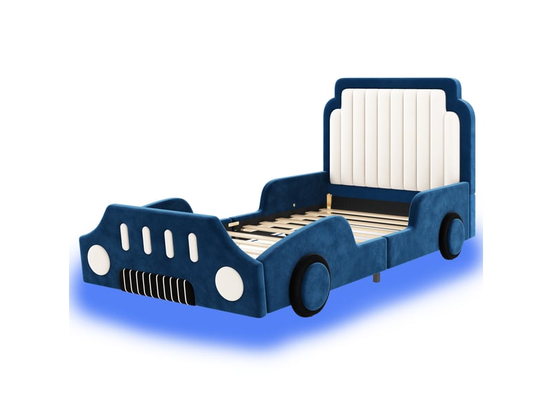  Lit enfant voiture 90x200 en velours bleu avec led et barrières de sécurité IKSETERA TRADING LTD - Conforama W