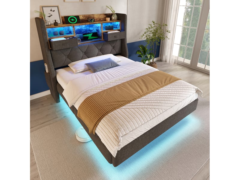 Lit enfant 90x200 cm led multicolore, prises usb type‑c, tête rangement avec poches, revêtement lin gris, sans matelas - Conforama R