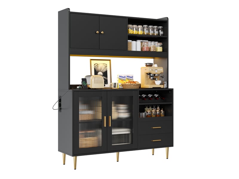  Armoire colonne cuisine 130x40x172 cm noire avec led rgb, prises intégrées, porte-bouteilles, étagères coulissantes, 2 tiroirs et rangement moderne  - Conforama A