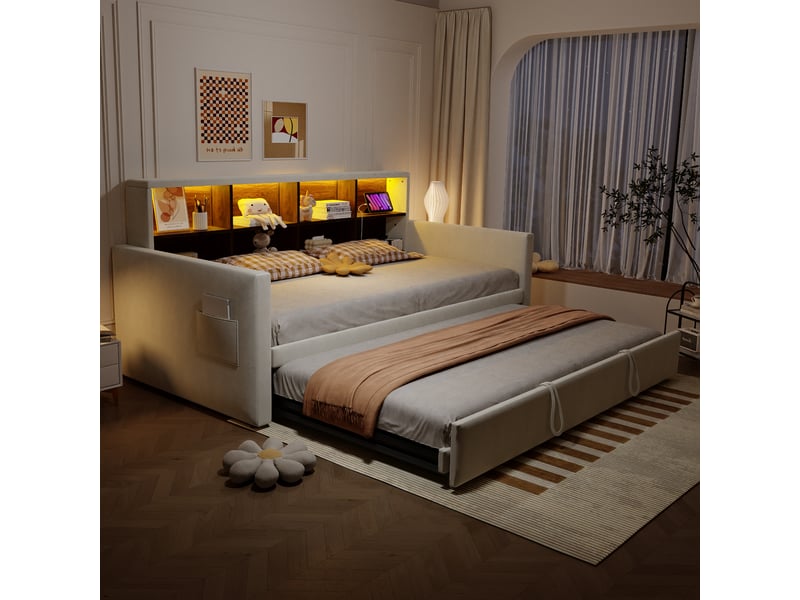  Lit canapé en velours beige 104x204 cm  - Conforama D