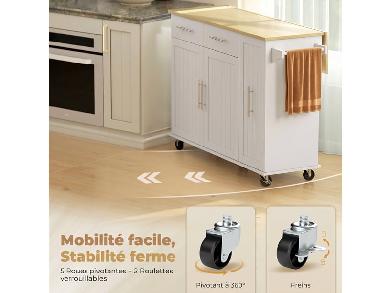  Îlot central cuisine avec plateau rabattable, roulettes, 2 tiroirs, portes à fermeture douce, blanc, porte-serviettes  - Conforama W