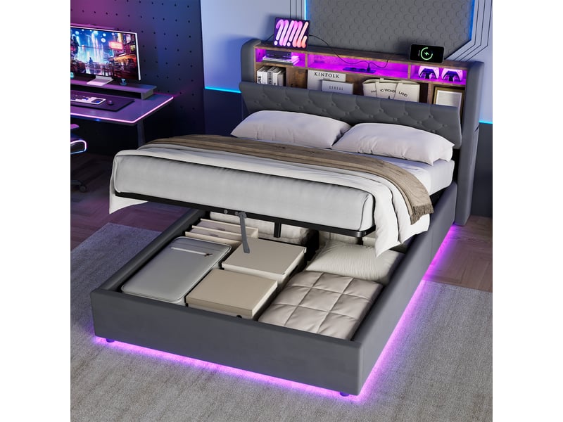  Lit coffre ulevr rembourré 140 x 200 cm, velours holland gris, led, ports usb-ausb-c et étagère de tête de lit  - Conforama D