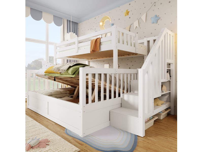 Lit superposé 90x200 + 140x200 cm, escalier rangement, coffre hydraulique, pin, blanc et bois naturel sans matelas - Conforama B