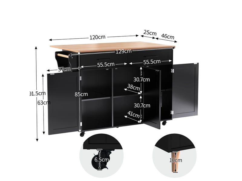  Desserte de cuisine 129x46x91,5 cm plateau pliant mdf noir et naturel  - Conforama E