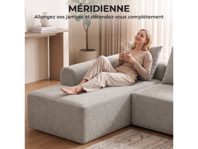 Canapé d'angle en chenille, canapé 3 places en l 242 cm avec méridienne, assise profonde, accoudoirs larges, gris clair - Conforama D