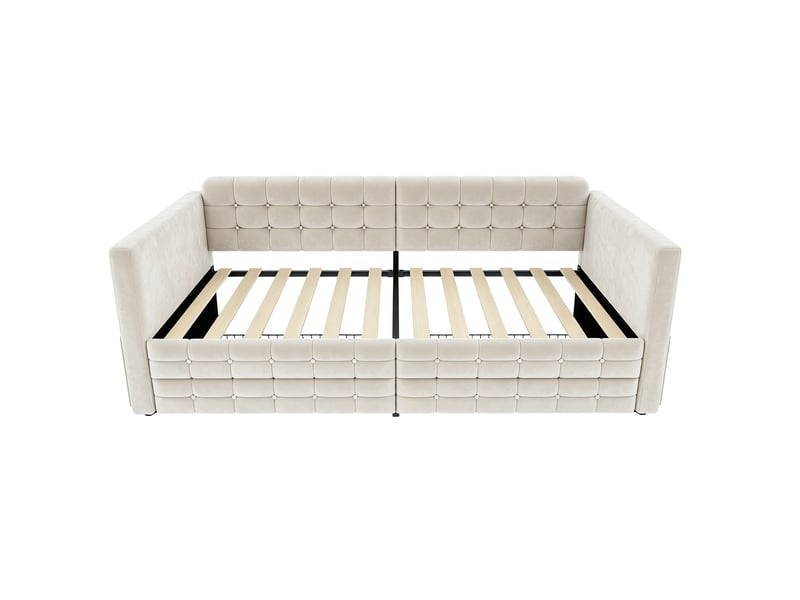  Lit canapé velours beige 90x190 cm motif capitonné avec 2 tiroirs et rangements  - Conforama A