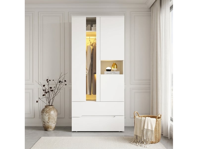  Armoire 3 portes avec led, 90 x 50 x 200 cm, penderie, 2 tiroirs, blanche  - Conforama E
