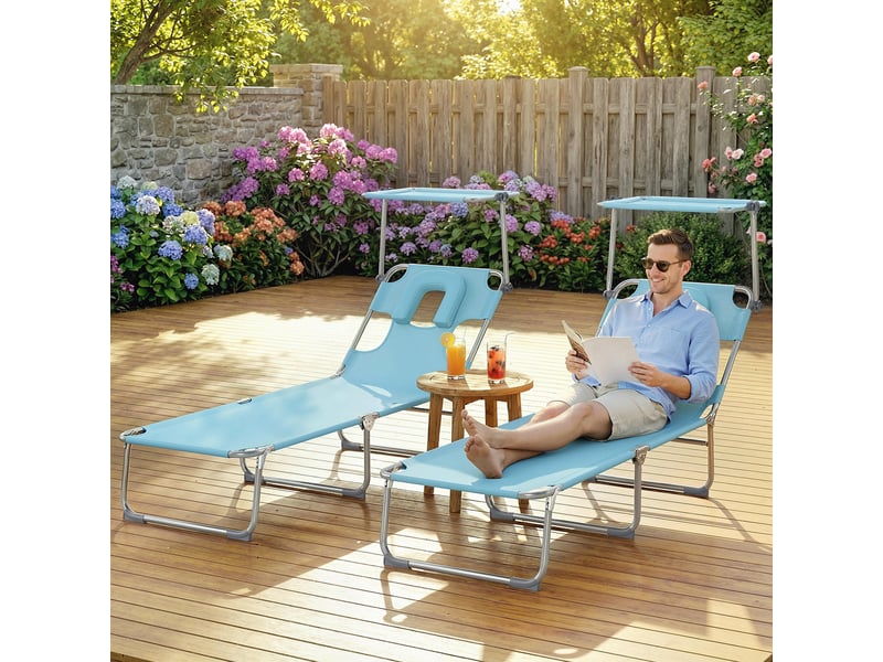  Ensemble de 2 chaises longues pliantes et inclinables avec auvent à 360°, ouverture pour le visage, poche latérale et tissu textilène 550 gm², bleu  - Conforama C