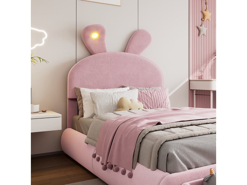  Lit coffre 140x200 cm hydraulique velours rose oreilles de lapin led veilleuse 2 poufs et sommier  - Conforama D