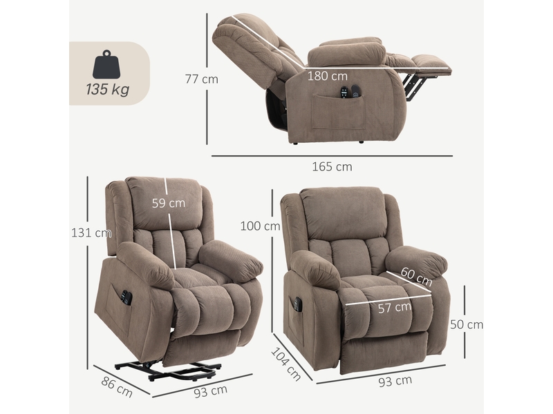  Fauteuil releveur électrique, massage et chauffage, repose-pieds, dossier inclinable, 93x104x100cm, télécommande, marron  - Conforama C