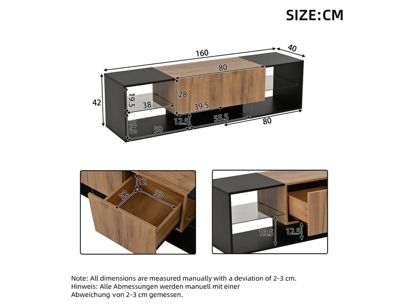  Meuble tv led 160 x 40 x 42 cm avec 2 tiroirs, noir et bois, jusqu'à 70 pouces  - Conforama C
