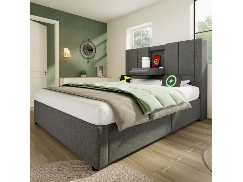  Lit rembourré 90 x 200 cm en lin gris avec rangement hydraulique, matelas et sommier à lattes inclus  - Conforama D