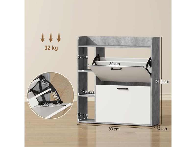 Meuble à chaussures 15 paires, armoire à chaussures moderne avec 2 tiroirs rabattables, blanc et gris, 83x24x90,5cm  - Conforama C
