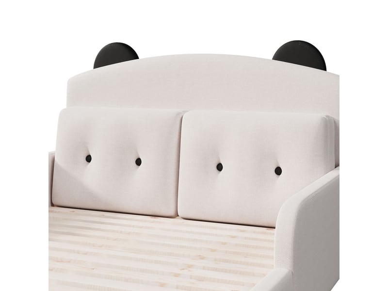  Lit double 140 x 200 cm cadre de lit plateforme structure plateforme revêtement en lin tête de lit rembourrée design ours 2 coussins décoratifs coloris blanc  - Conforama D