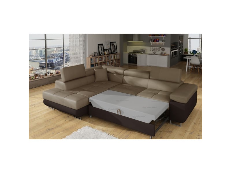 Canapé d'angle convertible menton beige et marron bouclette – angle gauche avec coffre - Conforama D