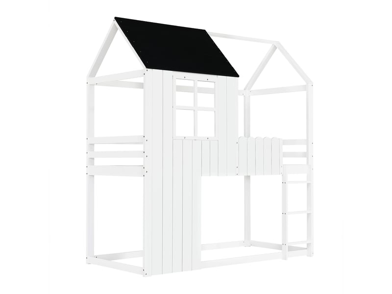  Lit superposé, lit enfant, fenêtres raffinées, formes de maison élégantes, escalier à trois marches, rambarde sur tout le pourtour, pin et mdf, blanc et noir, 90 x 200 cm  - Conforama E