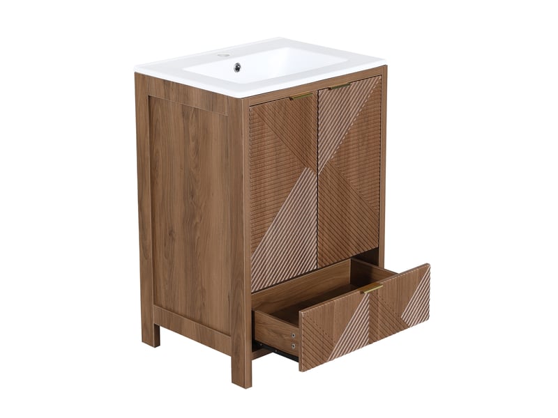 Meuble vasque salle de bain noyer 61 cm avec lavabo céramique, portes soft-close, étagères et tiroir - Conforama E