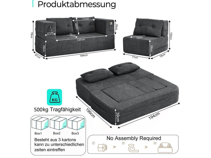  Canapé-lit modulable modenvie 3 places pliable en tissu gris foncé avec fauteuil  - Conforama C
