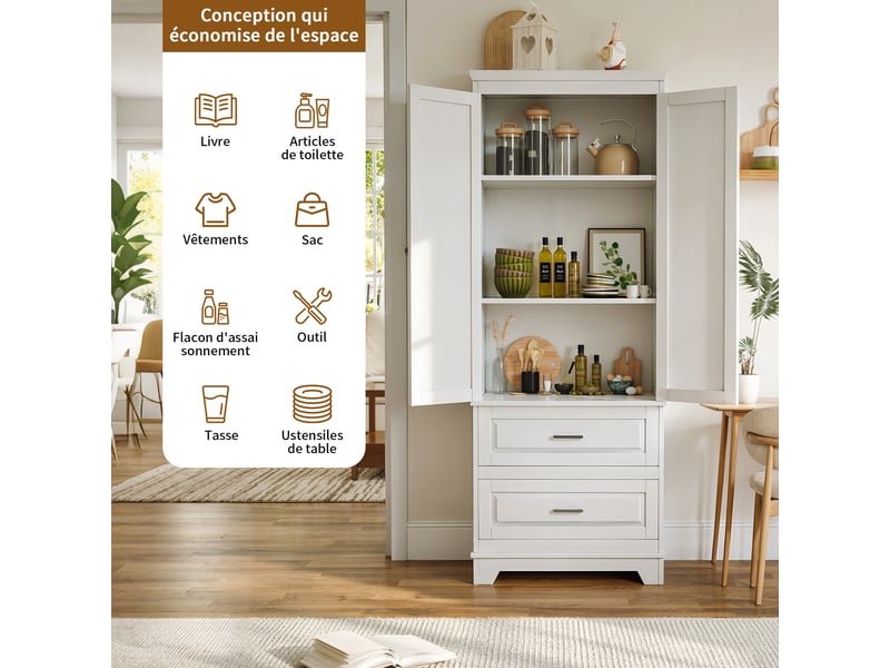  Armoire chambre penderie avec 2 portes 2 tiroirs, armoires de rangement avec  étagère réglable, 60x40x157 cm, blanc  - Conforama E