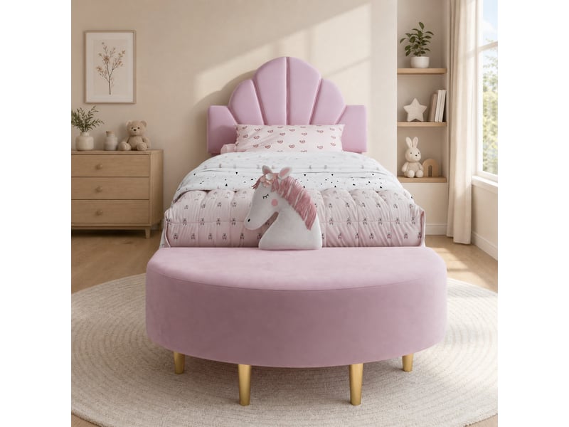  Lit simple 90×200 cm tête de lit en velours et banquette  - sans matelas, velours - rose  - Conforama B