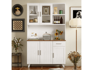 Buffet haut ulevr 114 x 40 x 190 cm, grand rangement avec 5 portes, 1 tiroir, 2 niches ouvertes, portes vitrées, panneau de particules, effet bois blanc et marron