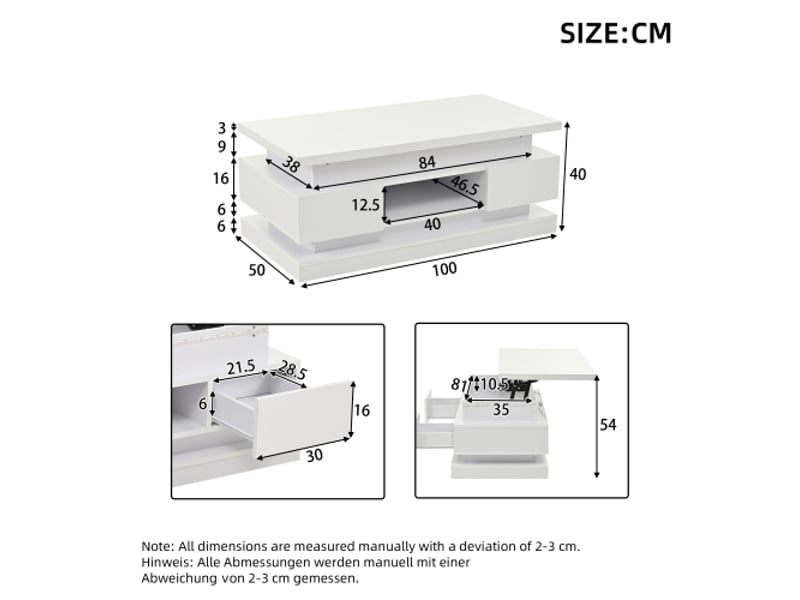  Table basse relevable blanche 100x50x40 cm, 2 tiroirs, plateau brillant led, rangement caché  - Conforama C