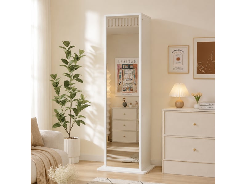  Meuble de rangement pivotant 45x45x168cm blanc - colonne miroir avec étagères ouvertes et tiroir  - Conforama D