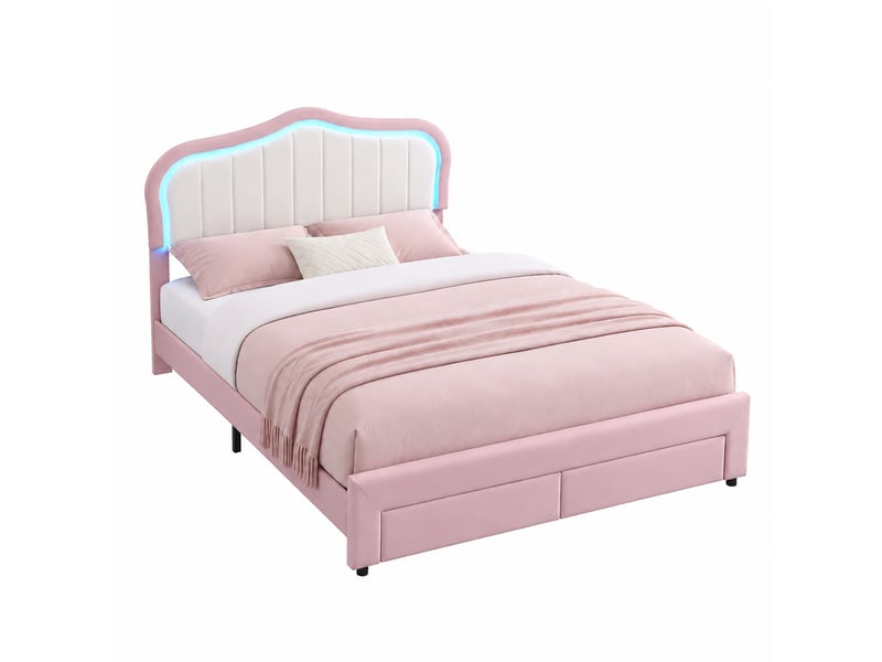 Lit enfant 140x200 cm rembourré - lit coffre - avec led réglable - avec tiroir de rangement - rose - Conforama A