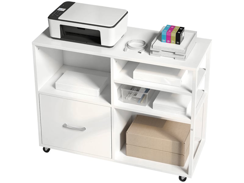  Meuble pour imprimante à roulettes, table d'imprimante avec étagères ouvertes et tiroir à documents, format a4, blanc  - Conforama B