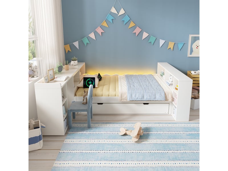  Lit gigogne 90 × 200 cm avec couchage 90 × 190 cm, bureau, prises et led Fay Lum - Conforama D