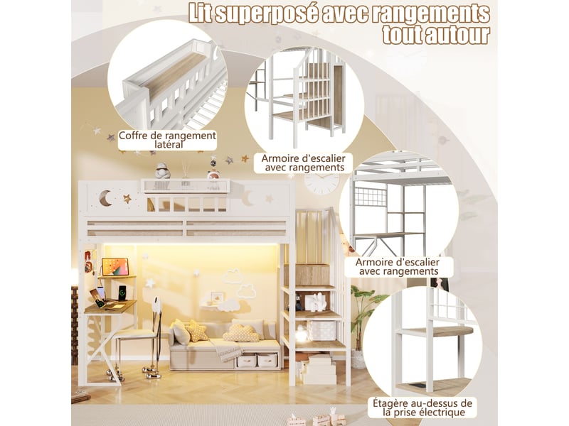  Lit mezzanine 90 x 200 cm, blanc, sans matelas, structure métal, bureau, étagères et led, sécurité renforcée  - Conforama D