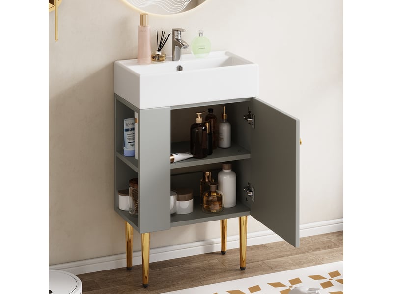 Meuble vasque de salle de bain 52.6x32.28x68.5 cm sur pied mdf gris et blanc  - Conforama B