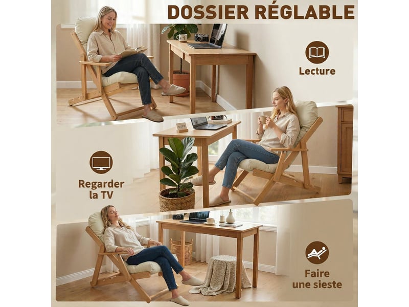  Fauteuil de salon pliable et inclinable en bois avec coussin capitonné épais pour un confort optimal  - Conforama E