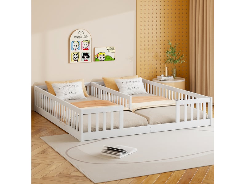 Lit 2 places 90x200 cm avec barrières de sécurité, en bois, blanc, sans matelas - Conforama B