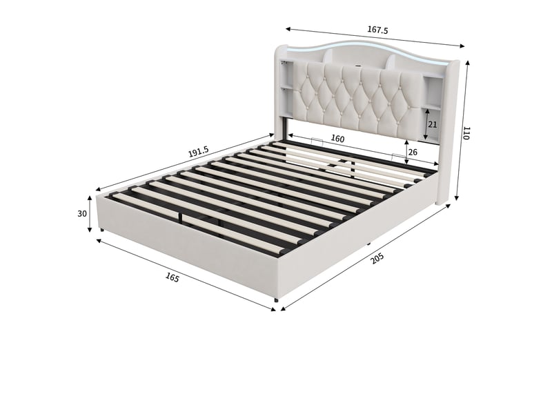  Lit coffre double 160x190 cm avec led rgb, tête de lit étagère et prise usb type-c chargeur, structure solide en velours capitonnée, beige  - Conforama E