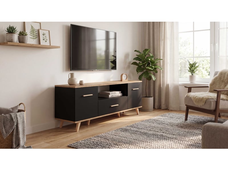  Meuble télé tv  137 cm -noir chêne wotan - avec tiroir et rangements pour salon SCAN_CZMWO_RTV2D1S - Conforama D
