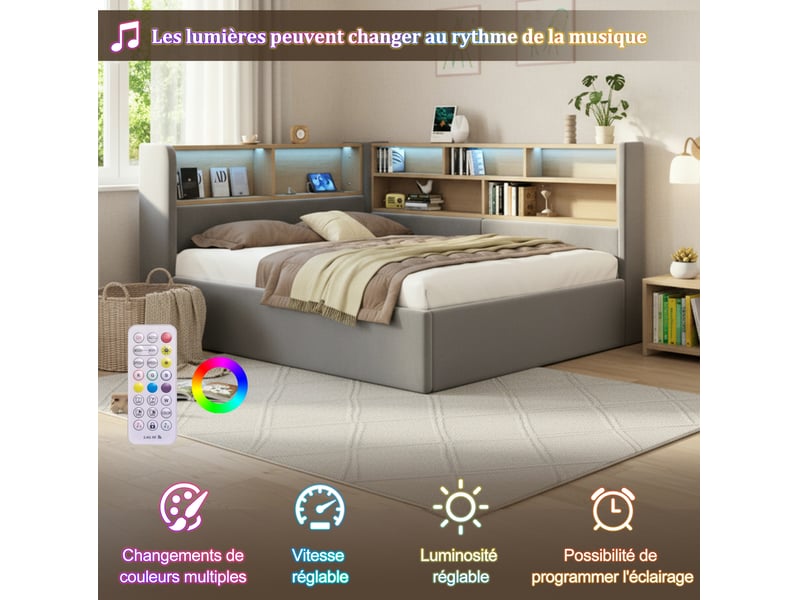  Lit coffre 140x190 cm gris en velours, rangement hydraulique, led usb et type-c avec sommier à lattes  - Conforama D