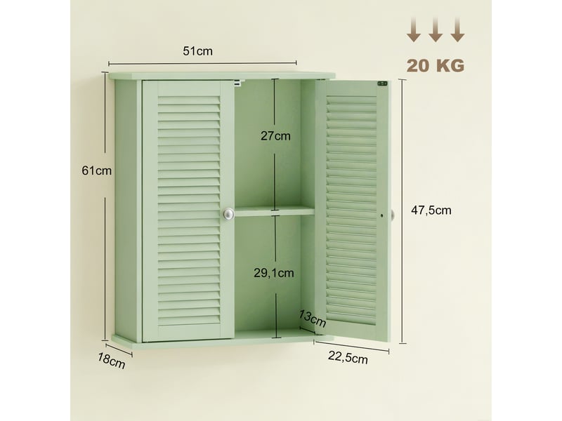  Armoire murale salle de bain verte, 2 portes persiennes et étagère réglable  - Conforama E