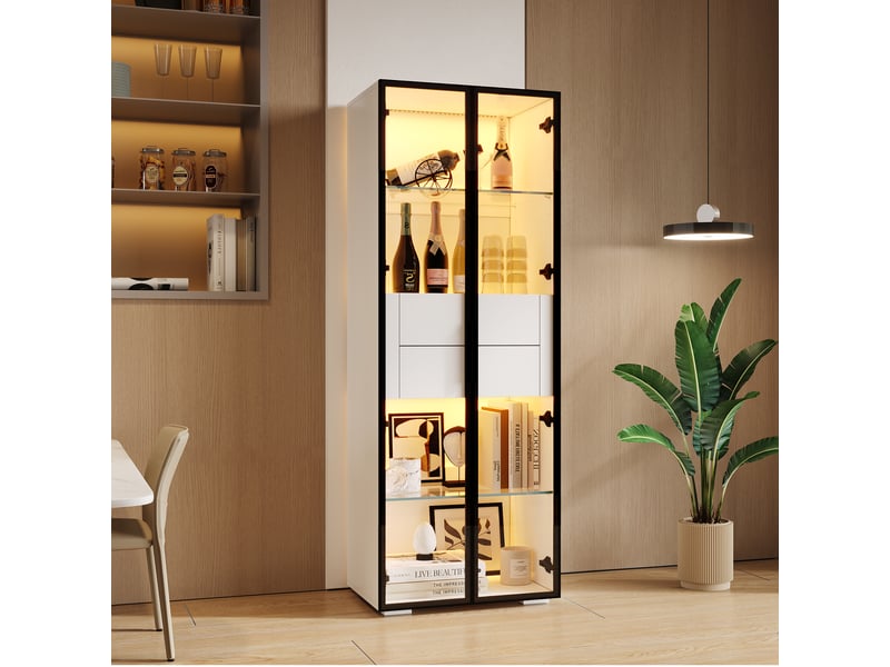  Vitrine buffet haut led 60 × 40 × 160 cm blanc et noir avec 2 portes en verre trempé, 2 tiroirs, étagères réglables et contrôle par application CARDUME ESTIVAL - Conforama E