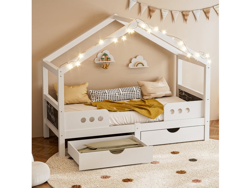 Lit cabane enfant 90x200 cm, sommier, bois coloris blanc, tableau noir, 2 tiroirs, toit design, sans matelas - Conforama E
