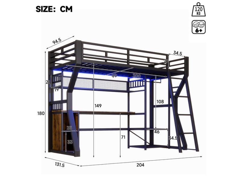 Lit mezzanine 90 × 200 cm 1 place avec bureau, penderie, étagères, prise et led réglable, sans matelas  - Conforama D