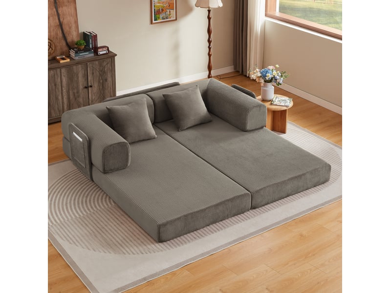  Canapé convertible modenvie 3 places taupe en velours côtelé 204 x 97 x 65 cm avec 2 coussins et structure en acier chromé  - Conforama D