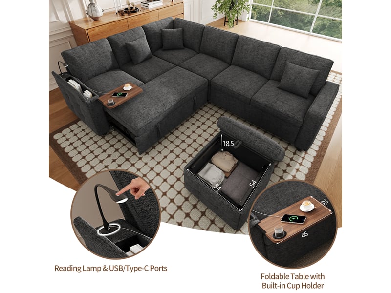 Canapé d’angle convertible en l 5 places 213x184 cm, pouf coffre, table rabattable, 2 porte-gobelets, lampe de lecture, usb et usb-c, effet lin gris Radiant Stride - Conforama E