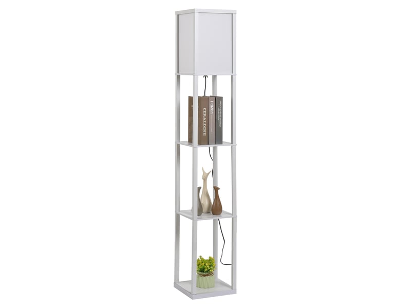  Lampadaire avec compartiments de rangement, lampe moderne en bois, ampoule e27, pour salon, chambre, bureau, blanc  - Conforama B