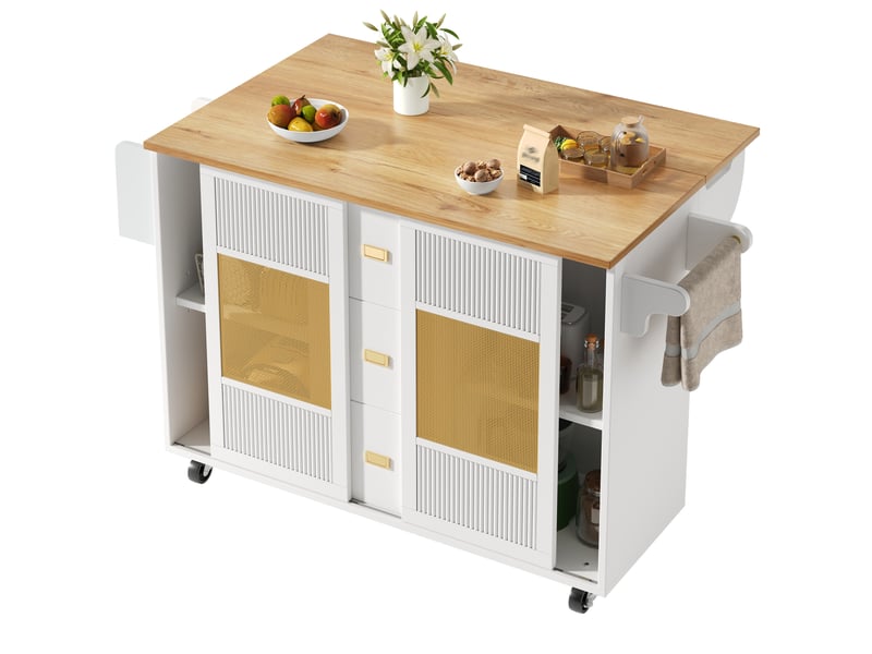  Îlot de cuisine mobile blanc 146,85x70x90 cm, plateau rabattable et rangements  - Conforama A